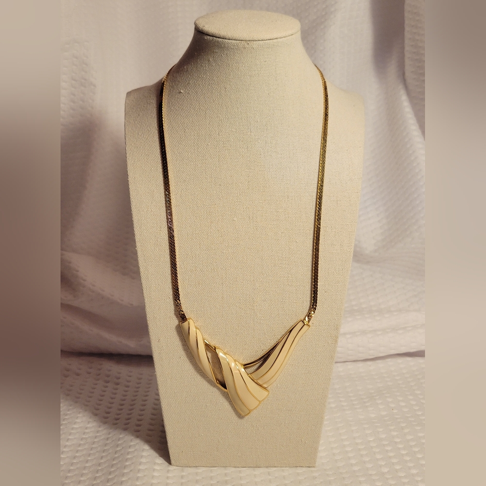 Trifari Gold Tone Statement Necklace With Cream Enamel Vintage